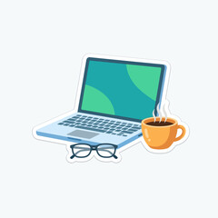 Fototapeta premium Laptop with Coffee and Glasses Workspace Sticker Illustration