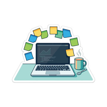 Productive Developer Workspace Sticker with Laptop and Floating Sticky Notes