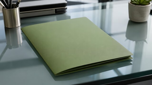 Green File Folder Resting on a Glass Desk in a Modern Corporate Office