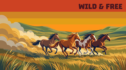 Majestic wild horses running across vast grasslands, flowing manes, synchronized movement, dramatic dust, golden sunset, untamed freedom, breathtaking natural scenery © saeideh