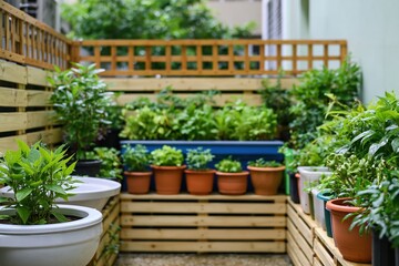 Fototapeta premium Garden terrace with diy wooden pallet planters and various urban balcony plants