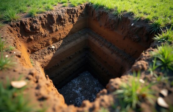 Square pit dug in ground for underground pipe installation. Ground layers visible showing soil strata. Construction work for house sewer system.