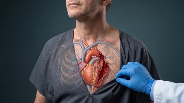 Cardiology. Doctor examining a man with a visualized aortic dissection and exposed cardiovascular anatomy, illustrating acute aortic injury, chest symptoms and emergency diagnosis.