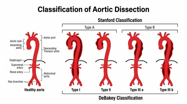 Cardiology. Medical infographic comparing Stanford and DeBakey classifications of aortic dissection, including healthy aorta, Type A, Type B and Types I, II, IIIa and IIIb.