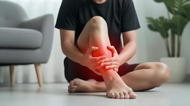 A man sitting on the floor holding his lower leg while feeling intense pain in his calf area indicating a physical injury that requires immediate medical professional attention