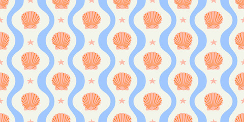 Naklejka premium Tropical beach sea shell seamless pattern. Summer marine animal background design. Vacation travel concept. Ocean seashell wavy stripe backdrop illustration.