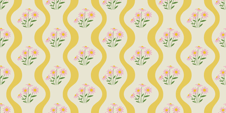 Vintage daisy flower bouquet art seamless pattern illustration. Retro nature floral background in hand drawn style. Spring season garden decoration texture, natural textile drawing print.