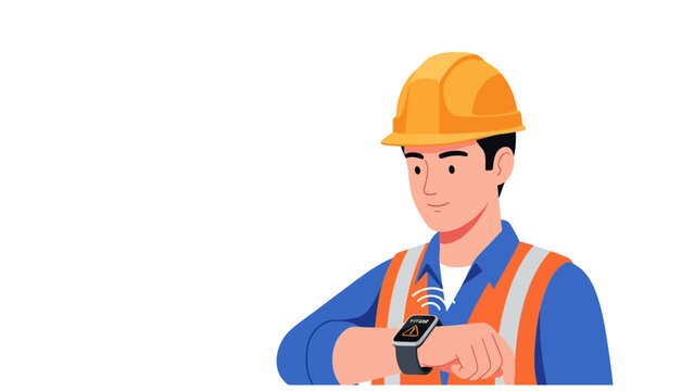 Construction worker checking smartwatch with safety alert; industrial wearable technology for health monitoring and fatigue detection vector illustration.
