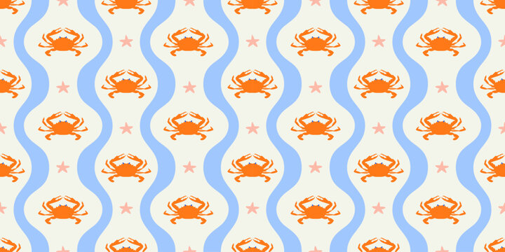 Tropical beach crab seamless pattern. Summer marine animal background design. Vacation travel concept. Sea food wavy stripe backdrop illustration.