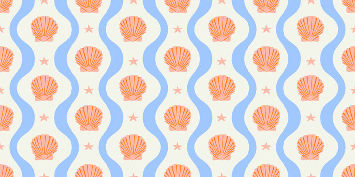 Tropical beach sea shell seamless pattern. Summer marine animal background design. Vacation travel concept. Ocean seashell wavy stripe backdrop illustration.