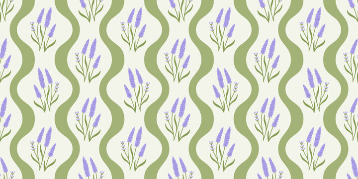 Vintage lavender flower bouquet art seamless pattern illustration. Retro nature floral background in hand drawn style. Spring season garden decoration texture, natural textile drawing print.