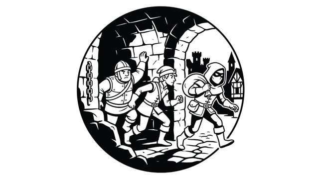 Medieval Thieves Escape Dungeon Under Stone Archway, Guard Pursues