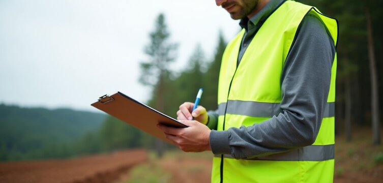 Male inspector in yellow safety vest writes on clipboard at rural construction site. Pro ecologist checks environmental conditions during land development project. Specialist evaluates soil quality