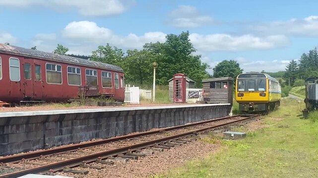 Historic Class 142 Pacer train and vintage carriages at the preserved Whitrope Siding station in the Scottish Borders