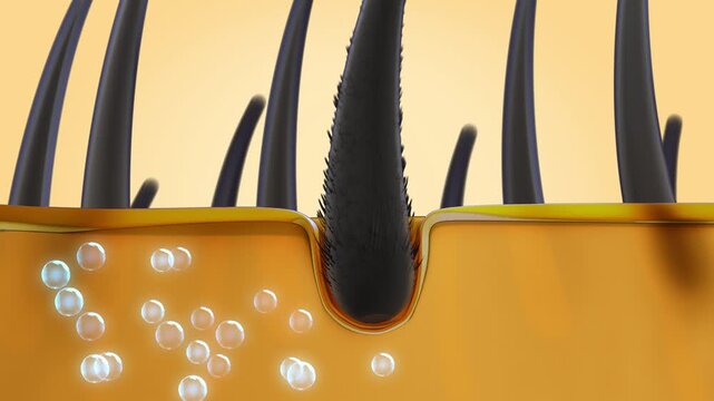 4K 3D animation of a human hair follicle cross-section showing active ingredient penetration into the scalp for hair care and dermatology concepts.