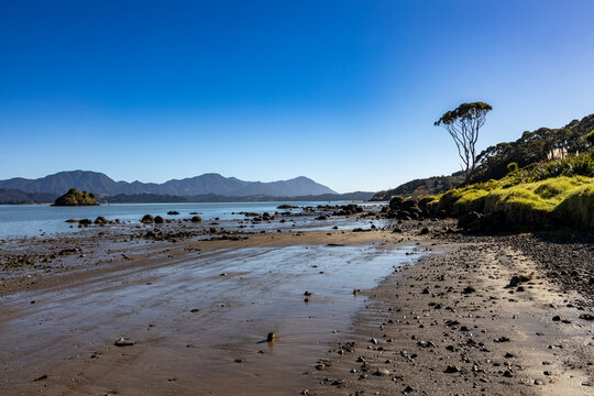 Coastal landscape at Koutu Boulders during low tide in Northland, New Zealand, featuring scattered rock formations, sandy shoreline and calm sea.