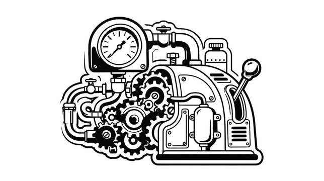 Steampunk Machine Illustration - Gears, Pipes, and Pressure Gauge