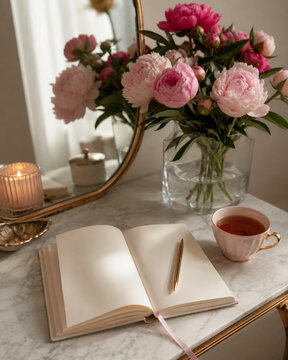 Elegant self-care vanity with flowers, tea, and a blank journal, expressing mindfulness, reflection, wellness, and gentle self-love.
