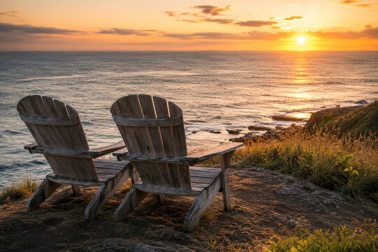Two Adirondack chairs face a glowing coastal sunset, creating a serene landscape about companionship, reflection, and quiet time shared by the sea.