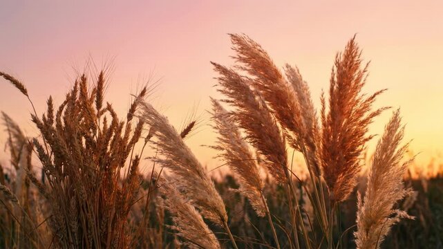Pampas grass swaying in golden sunset breeze for nature and seasonal content