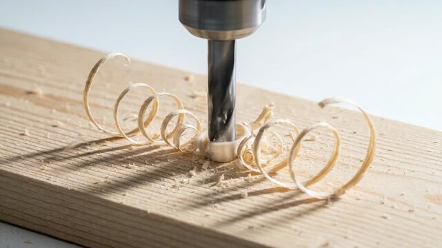 Drill bit boring into wooden plank with curling wood shavings for woodworking and carpentry content