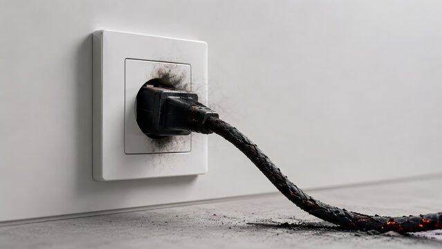 Burnt electrical power cord plugged into a wall outlet