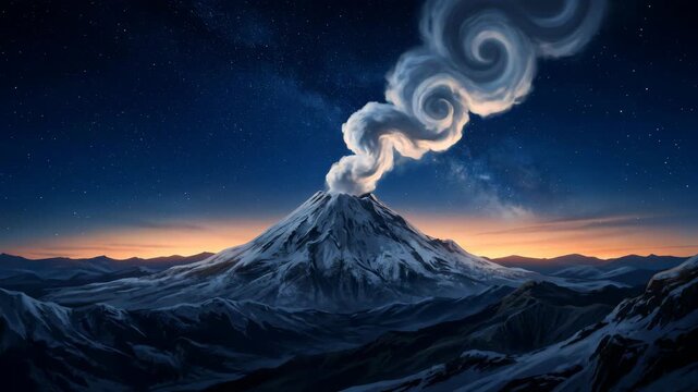 Snow-capped volcano emitting swirling smoke plumes under starry night sky for nature and dramatic content