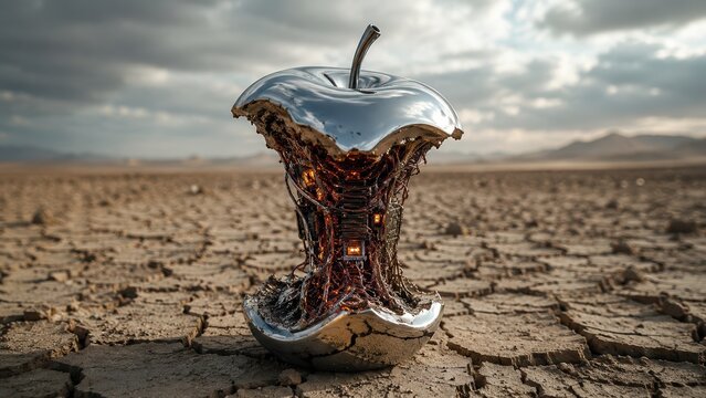 Metallic AI apple core with glowing internal circuits in a desert landscape