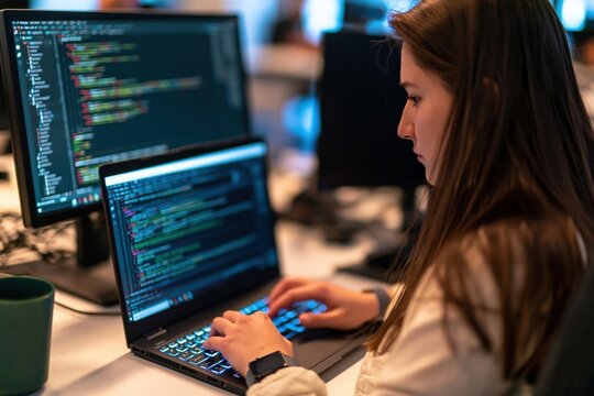 Developer and programmer working on software coding at a laptop in modern office