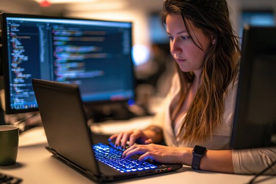 Developer and female programmer coding on a computer in a dark office at night