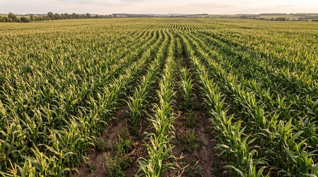 Vast green corn field rows at golden hour