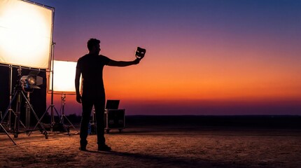 Fototapeta premium professional representation, a vibrant silhouette of an actor striking a dramatic pose against spacious colors