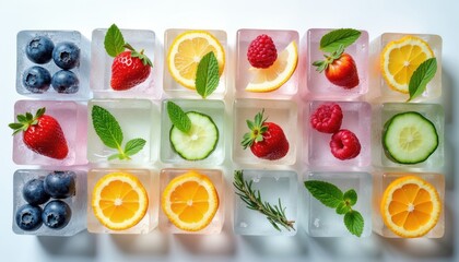 Fototapeta premium Collection of square ice cubes with fresh fruits and herbs inside. Berries, citrus slices, cucumber, mint, and rosemary frozen in clear ice blocks. Refreshing summer elements on a white background.