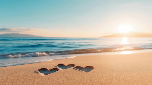 Three Hearts in the Sand: Three heart shapes are etched into the soft sand on a tranquil beach, with the gentle waves of the ocean lapping at the shore under a warm, sunlit sky.