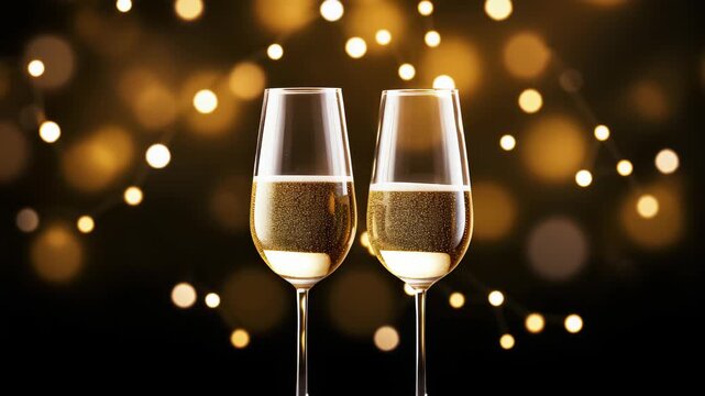 Cheers to Celebration: Two elegant champagne flutes filled with bubbly liquid stand ready for a toast, set against a softly blurred backdrop of golden bokeh lights.