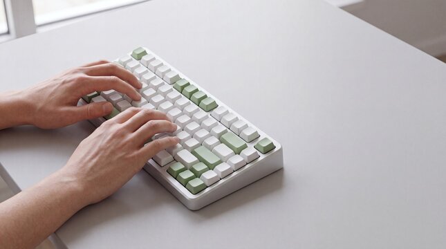 Person typing on a modern minimalist mechanical keyboard with sage green and white keycaps