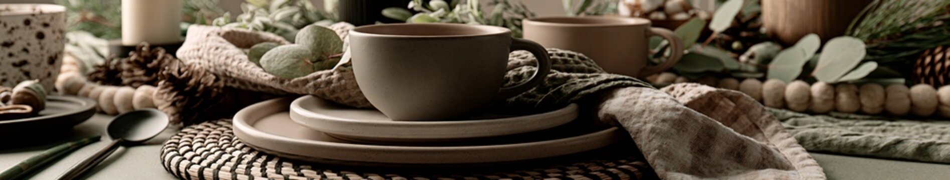 Winter Holiday Neutral ceramic cup and stacked plates on woven placemat with eucalyptus, pinecones and textured linens