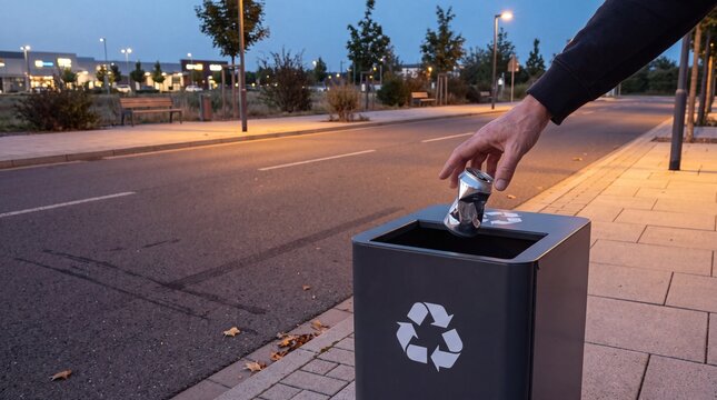A man throwing a crushed aluminum can into a public recycling bin
