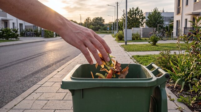 Person disposing organic kitchen waste in a compost bin