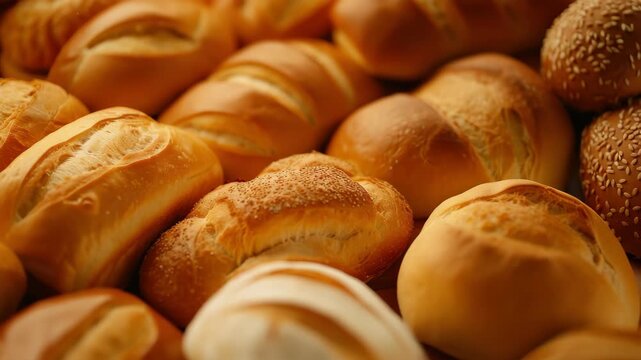 Artisan Bread Selection: A close-up view showcases a delicious assortment of freshly baked artisan bread, featuring golden-brown crusts and soft, airy interiors.