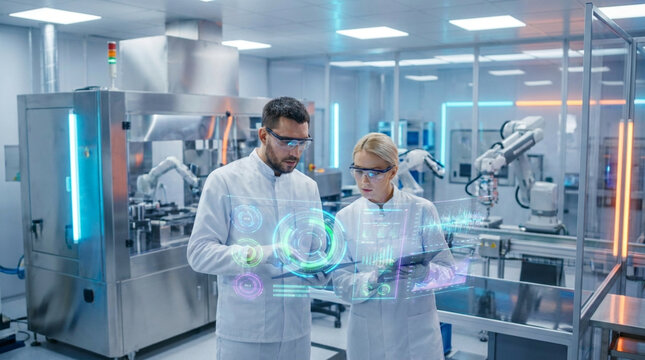 Two scientists in white coats looking at holographic data on a tablet in a futuristic automated laboratory with industrial robotic arms and stainless steel machinery.