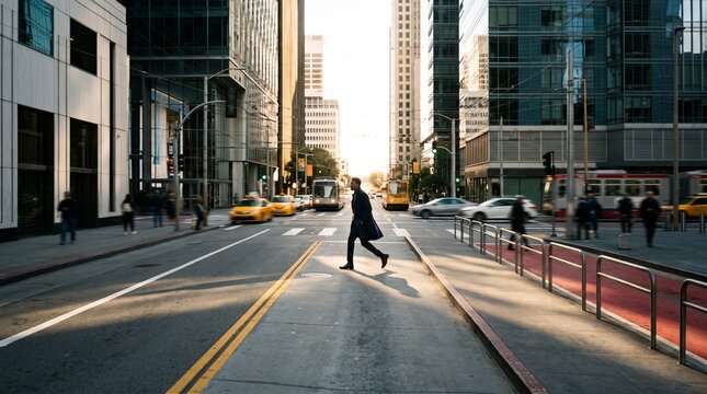 Businessman Crossing Urban Street at Crosswalk