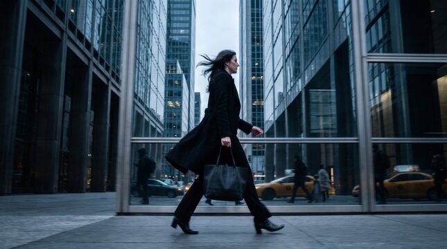 Businesswoman Walking Confidently Through Urban Downtown Street
