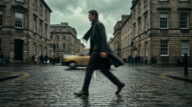 Man in Dark Coat Crossing Urban Street Confidently