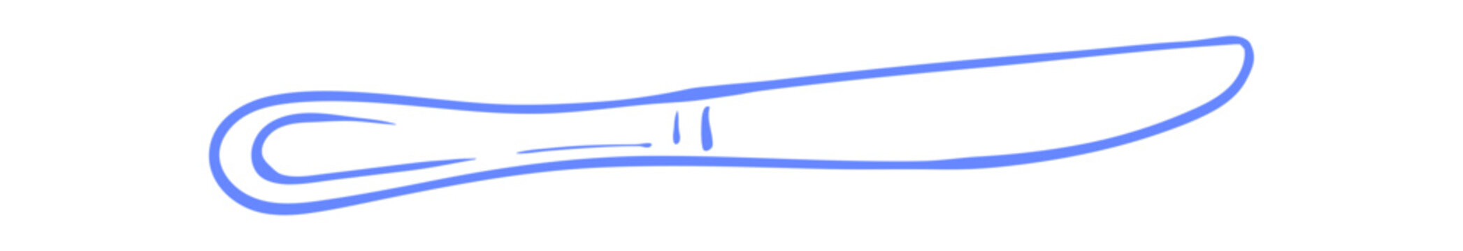Whimsical dinner knife doodle in blue ink line, simple graphic white icon and handdrawn illustration. Coquette knife element for restaurant menu design and cute kitchen decor in minimal vector style