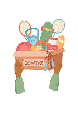 Sport equipment charity box in flat style. Donation goods with ball, game gear and gift idea as helpful support. Hand of person raise box as care background for charity and donate projects