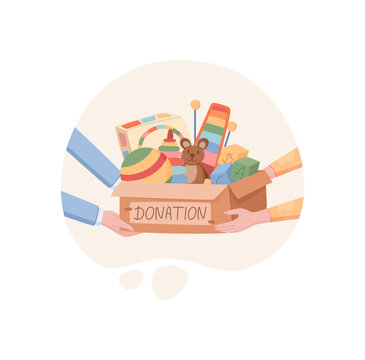 Toy charity help box with hand. Child gift box as donation and support. Cartoon toy set as care for kid and children on white background, symbol for charity people community humanitarian aid icon