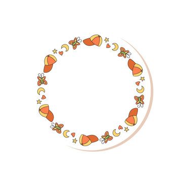 Colorful camp adventure circle doodle patch with nature frame in outdoor style. Summer travel and family trip as cheerful patch art, vibrant outline element for playful theme.