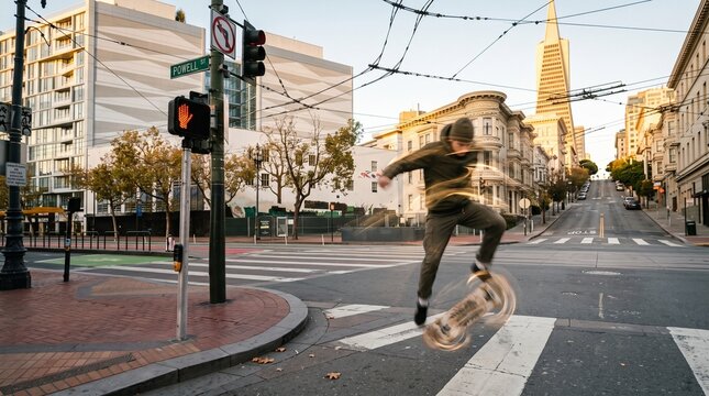 Skateboarder Riding Through Urban Street Intersection