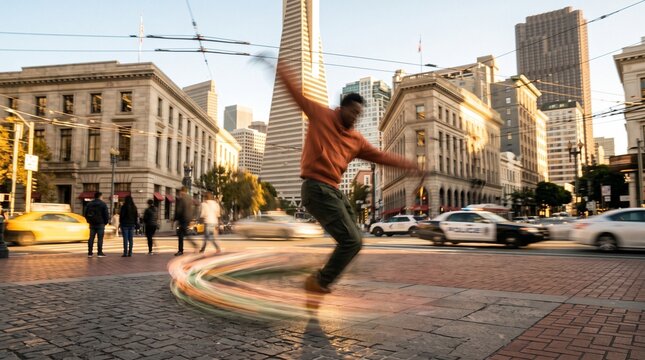 Man Spinning Hula Hoop in Urban Downtown Square